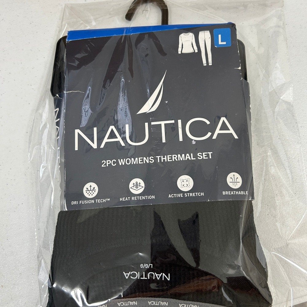 Nautica Womens 2pc Thermal Set Black Waffle Knit Dri Fusion Tech Large NEW